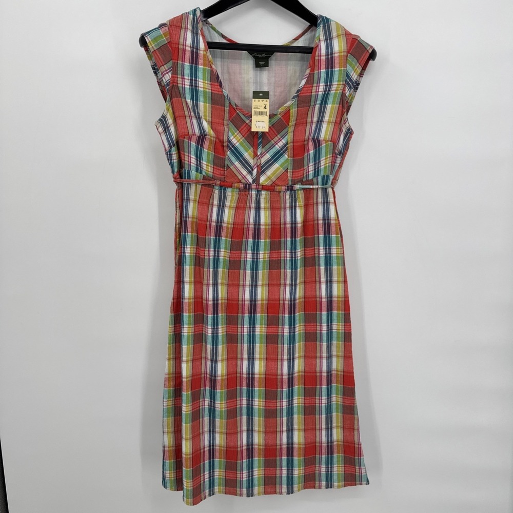 Eddie Bauer Dress Women's Sz 4 Blue Orange Plaid Cottagecore Western Preppy NEW